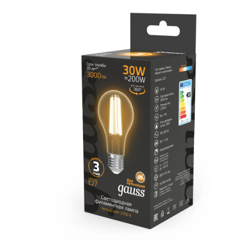 Gauss լամպ E27 Black A70 30W 2700К 3000Lm Filament 1/10/40