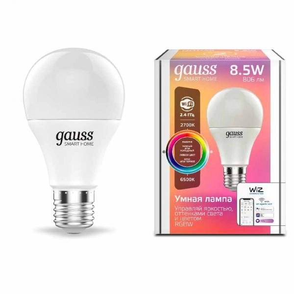 Gauss լամպ E27 Smart A60 8.5W 2700K-6500К 806Lm RGBW/դիմեր